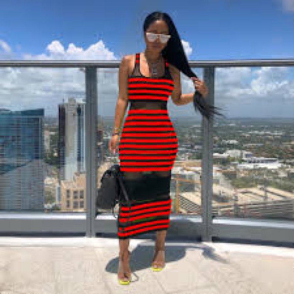 Red and Black Stripe Mesh Midi Dress